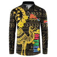 Black button-up sweatshirt with gold camel graphic, colorful Eritrea-themed vertical text