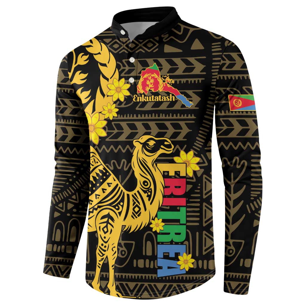 Black button-up sweatshirt with camel and flowers, colorful Eritrea-style crest on chest