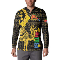 Black button-up sweatshirt with gold camel and floral African pattern, long sleeves