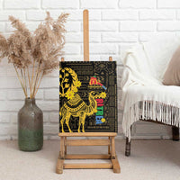 Canvas wall art displayed on a wooden easel: gold camel pattern with colorful text on black