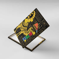 Canvas wall art stacked at an angle, showing a gold camel and flowers on black