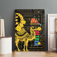 Canvas wall art on a wall above wood flooring, gold camel design with colorful text on black