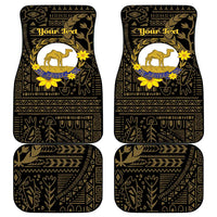 Set of 4 black car mats with gold geometric pattern, camel Eritrea crest, and “Your Text”