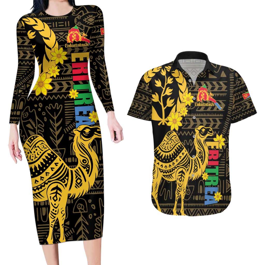 Enkutatash Eritrea New Year Couples Matching Long Sleeve Bodycon Dress and Hawaiian Shirt Eritrean Camel African Pattern - Wonder Print Shop