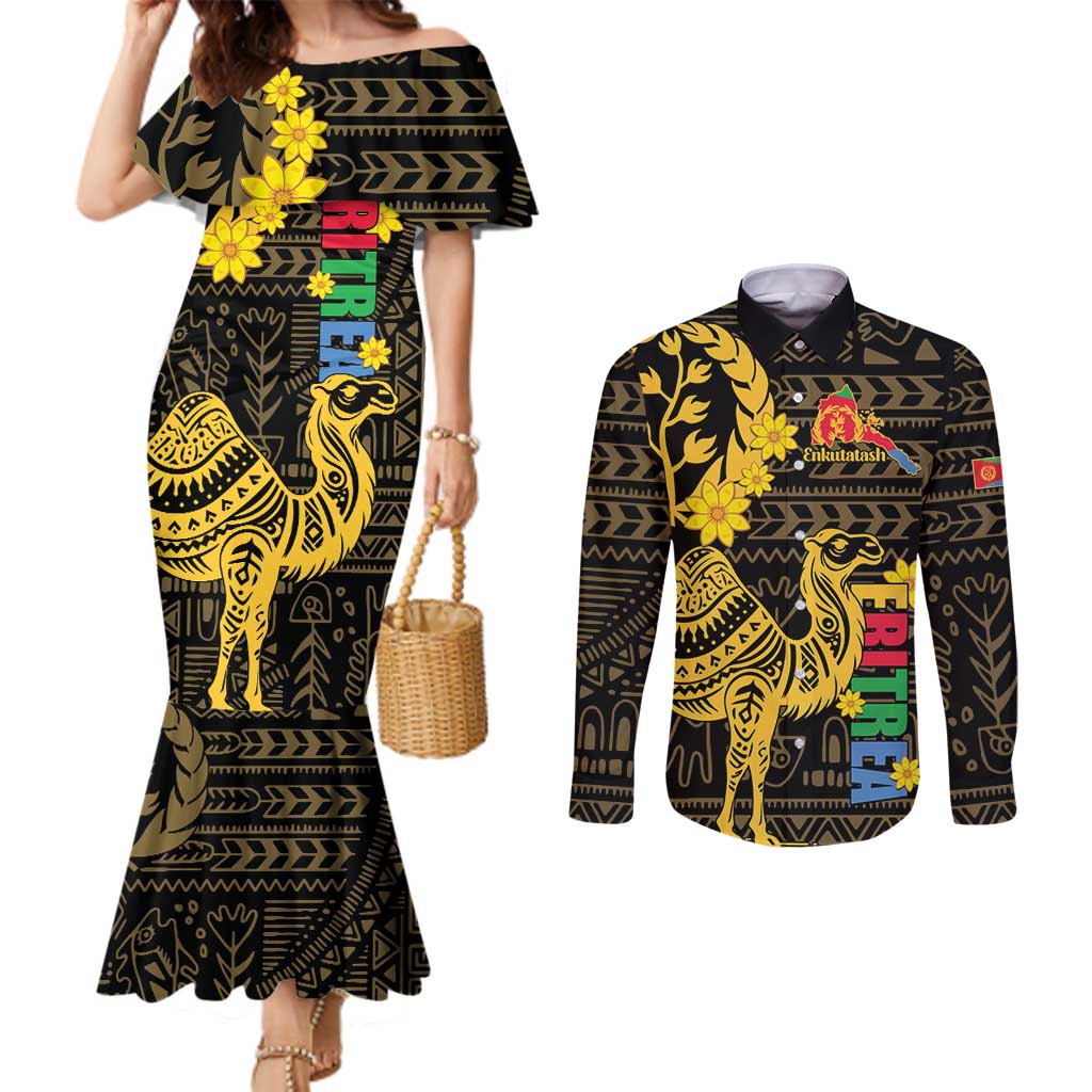 Enkutatash Eritrea New Year Couples Matching Mermaid Dress and Long Sleeve Button Shirt Eritrean Camel African Pattern