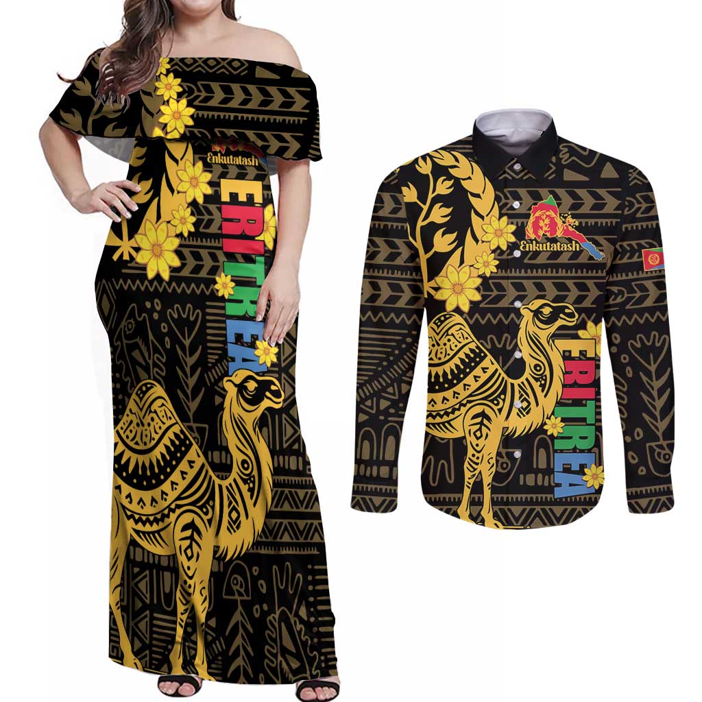 Enkutatash Eritrea New Year Couples Matching Off Shoulder Maxi Dress and Long Sleeve Button Shirt Eritrean Camel African Pattern - Wonder Print Shop