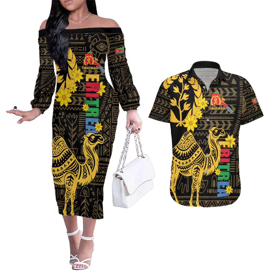 Enkutatash Eritrea New Year Couples Matching Off The Shoulder Long Sleeve Dress and Hawaiian Shirt Eritrean Camel African Pattern - Wonder Print Shop