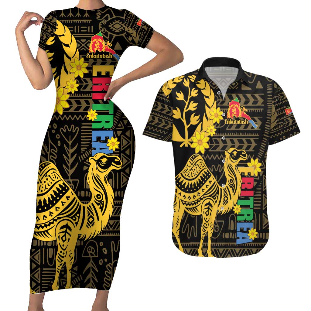 Enkutatash Eritrea New Year Couples Matching Short Sleeve Bodycon Dress and Hawaiian Shirt Eritrean Camel African Pattern - Wonder Print Shop