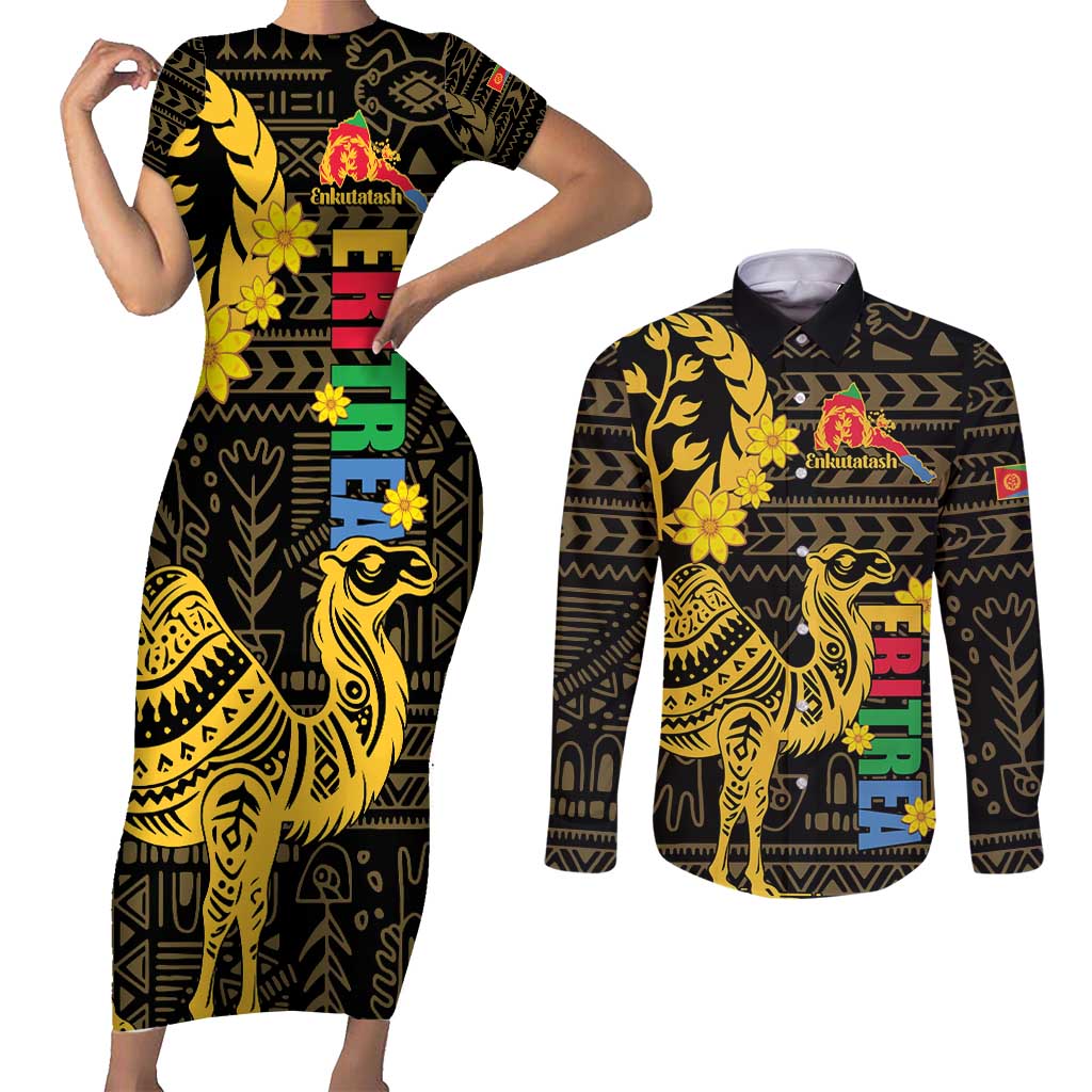 Enkutatash Eritrea New Year Couples Matching Short Sleeve Bodycon Dress and Long Sleeve Button Shirt Eritrean Camel African Pattern - Wonder Print Shop