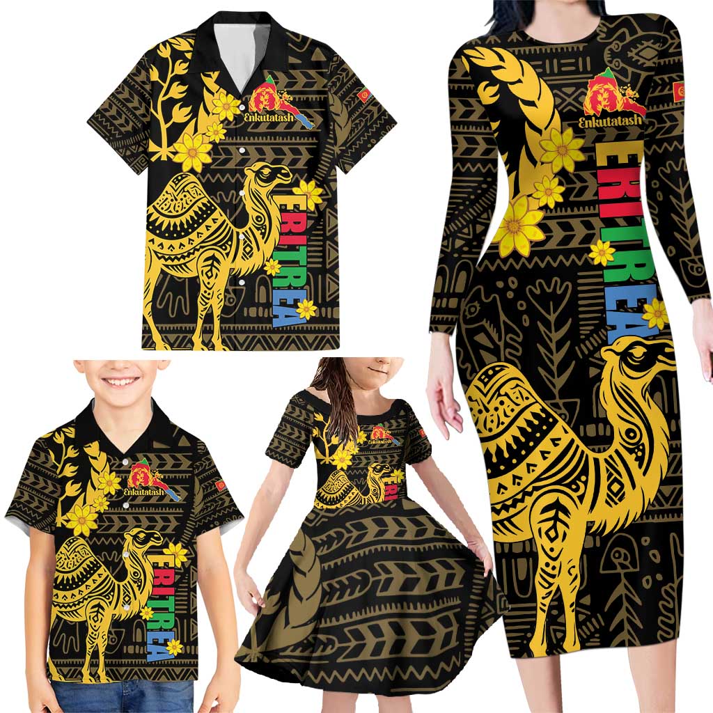 Enkutatash Eritrea New Year Family Matching Long Sleeve Bodycon Dress and Hawaiian Shirt Eritrean Camel African Pattern - Wonder Print Shop