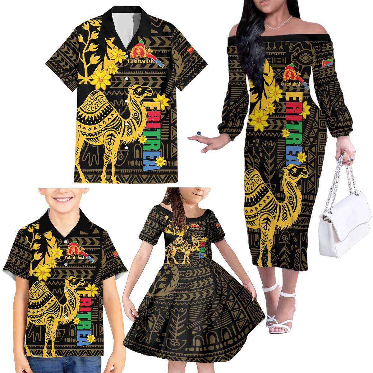 Enkutatash Eritrea New Year Family Matching Off The Shoulder Long Sleeve Dress and Hawaiian Shirt Eritrean Camel African Pattern - Wonder Print Shop