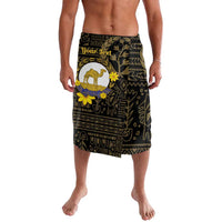 Men's black patterned wrap skirt with gold camel and floral motifs