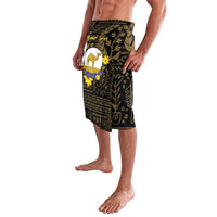 Men's black patterned wrap skirt with gold camel emblem and leafy designs