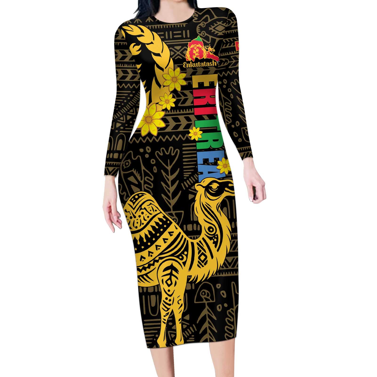 Enkutatash Eritrea New Year Long Sleeve Bodycon Dress Eritrean Camel African Pattern - Wonder Print Shop