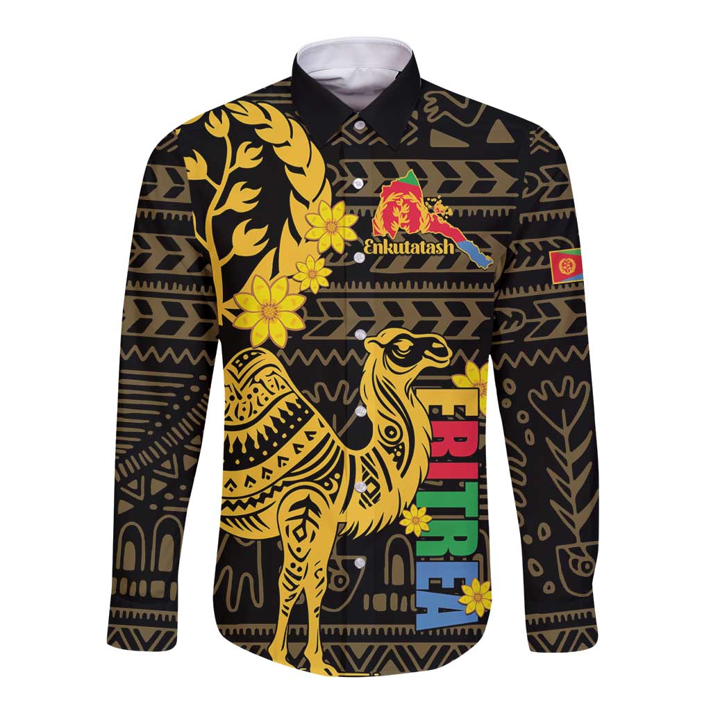 Black long-sleeve button shirt with camel, floral ornaments, and Enkutatash logo text