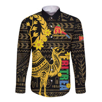 Black long-sleeve button shirt with camel, floral ornaments, and Enkutatash logo text