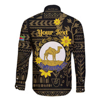 Black long-sleeve button shirt with camel and floral Eritrea emblem graphic