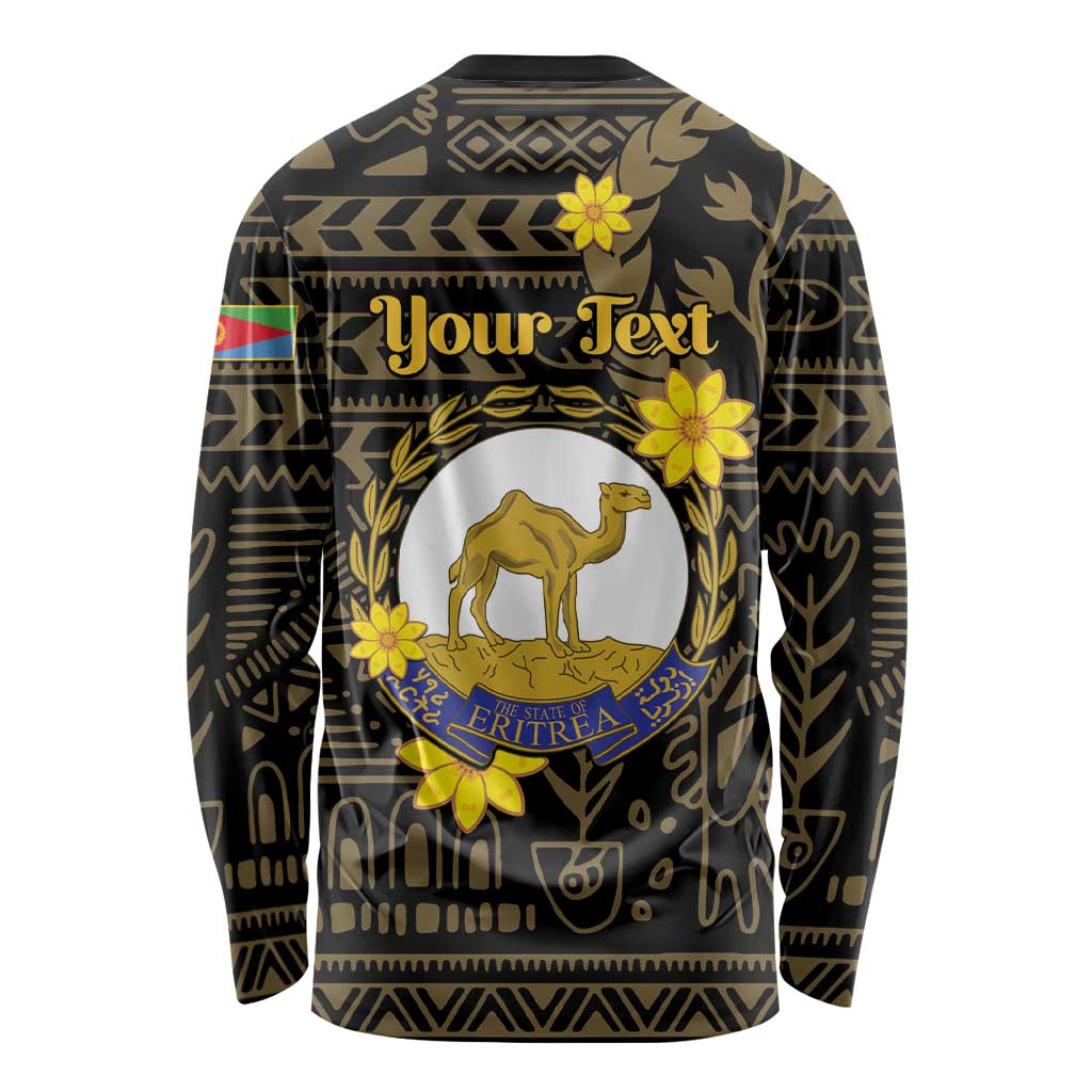 Unisex long-sleeve shirt, black with gold camel crest and tribal pattern on back