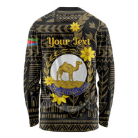 Unisex long-sleeve shirt, black with gold camel crest and tribal pattern on back