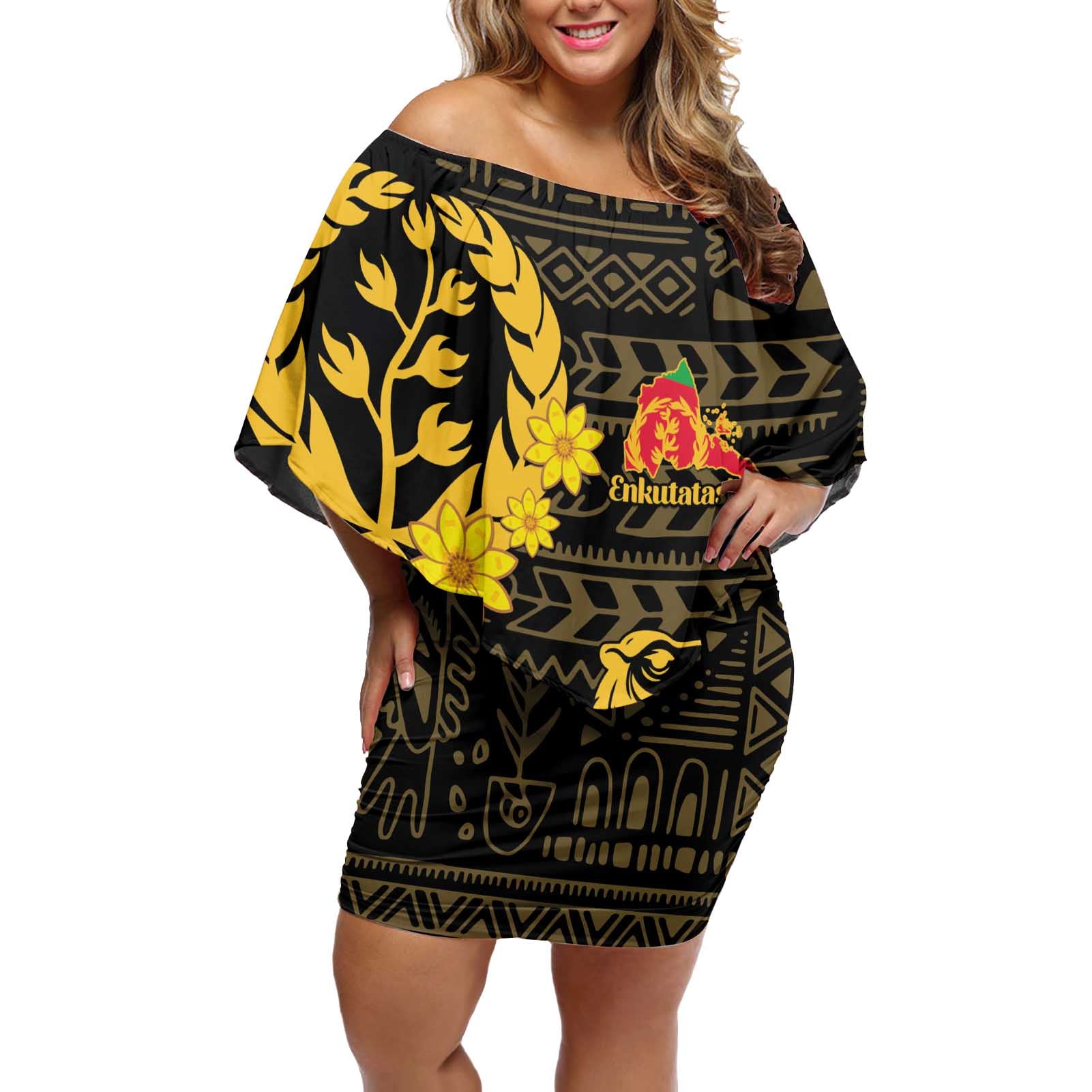 Enkutatash Eritrea New Year Off Shoulder Short Dress Eritrean Camel African Pattern - Wonder Print Shop