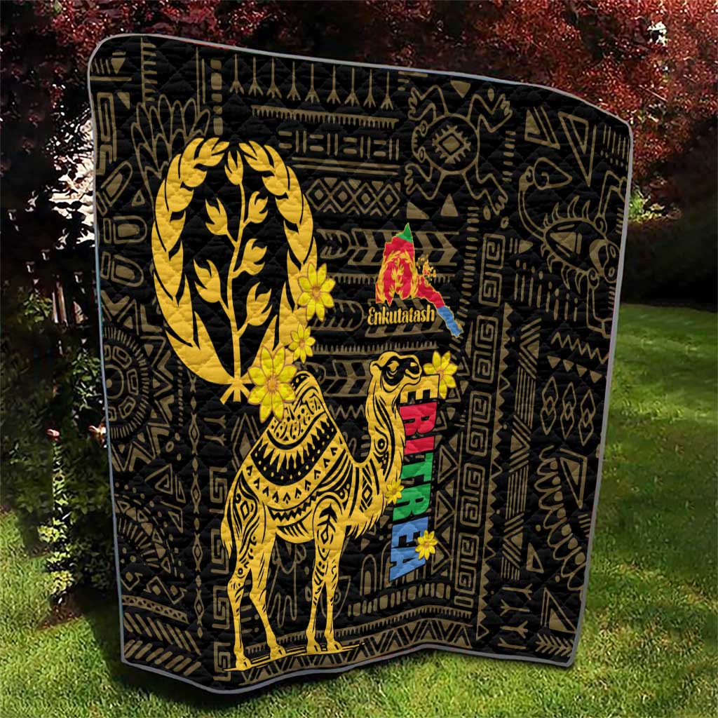 Black quilt showing yellow camel and colorful vertical motif with patterned background