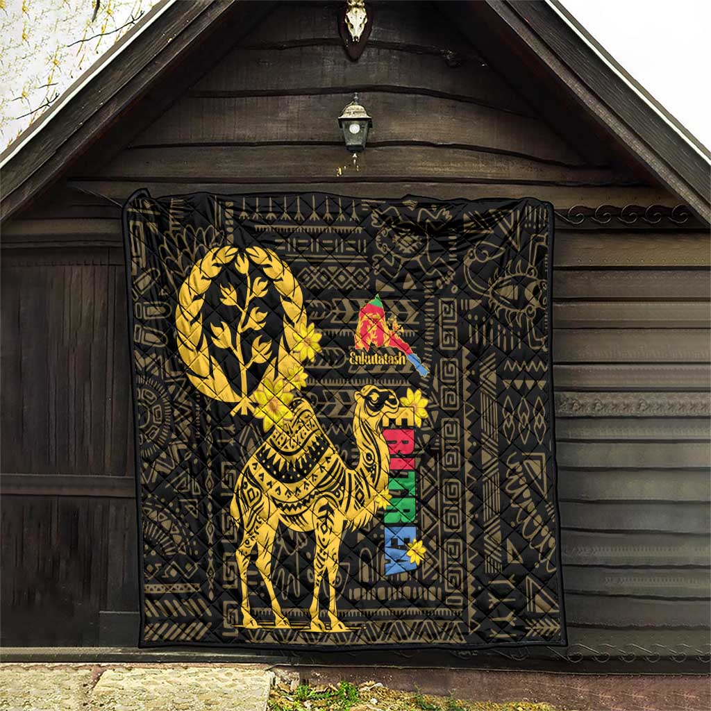 Black quilt with yellow camel and colorful Eritrean-style pattern blocks