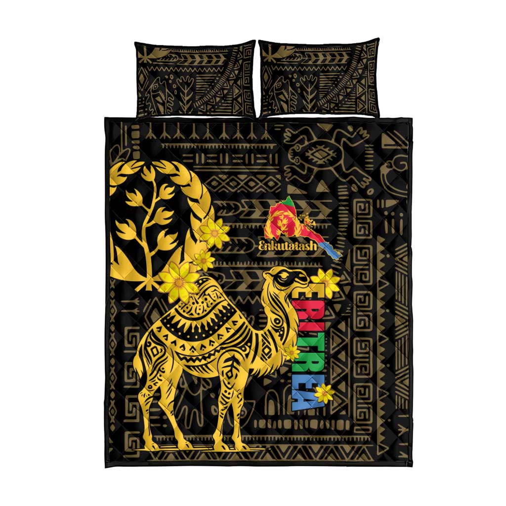 Black quilt bed set with folded corner pillows, camel motif and geometric prints