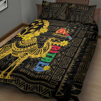 Black and gold quilt bed set showing camel, flowers, and colored decorative blocks