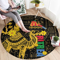 Round black area rug featuring a yellow camel illustration, flowers, and bold geometric motifs