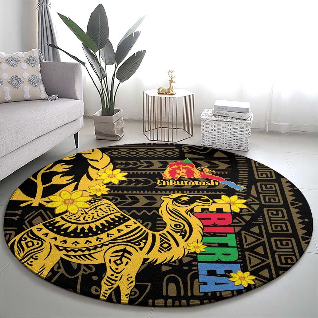 Round black rug with yellow animal artwork, multicolor blocks, and decorative geometric borders