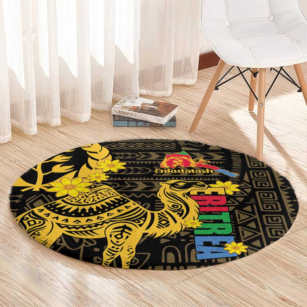 Round black rug with yellow camel-and-flower design, geometric frames, and colorful center artwork