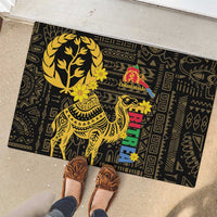 Black rubber doormat with gold horse/camel figure, geometric motifs, and colorful holiday design