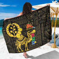 Black sarong spread wide with gold camel motif and repeating geometric blocks