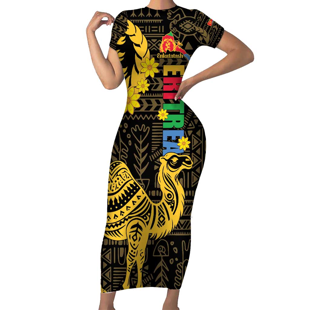 Enkutatash Eritrea New Year Short Sleeve Bodycon Dress Eritrean Camel African Pattern - Wonder Print Shop