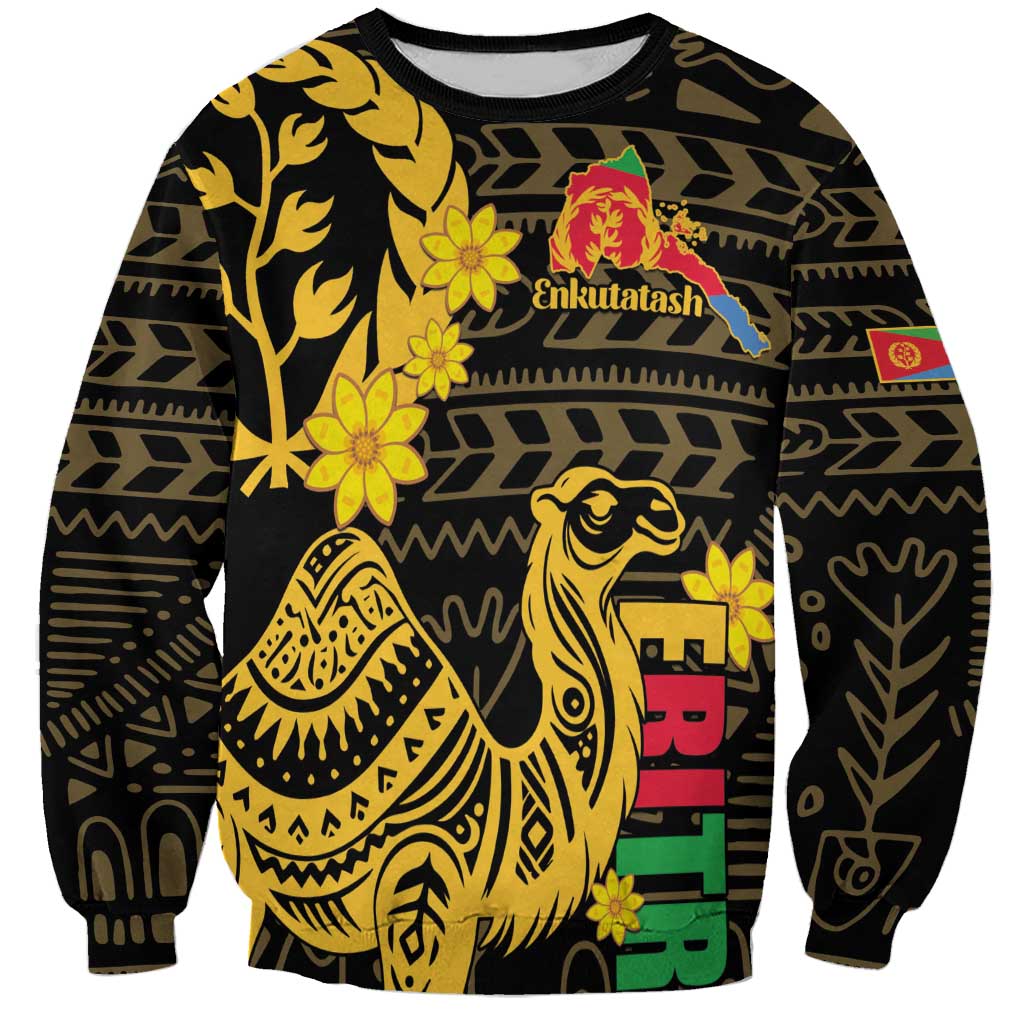 Black crewneck sweatshirt with gold camel, flowers, and Eritrean-style geometric pattern