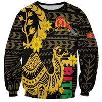 Black crewneck sweatshirt with gold camel, flowers, and Eritrean-style geometric pattern