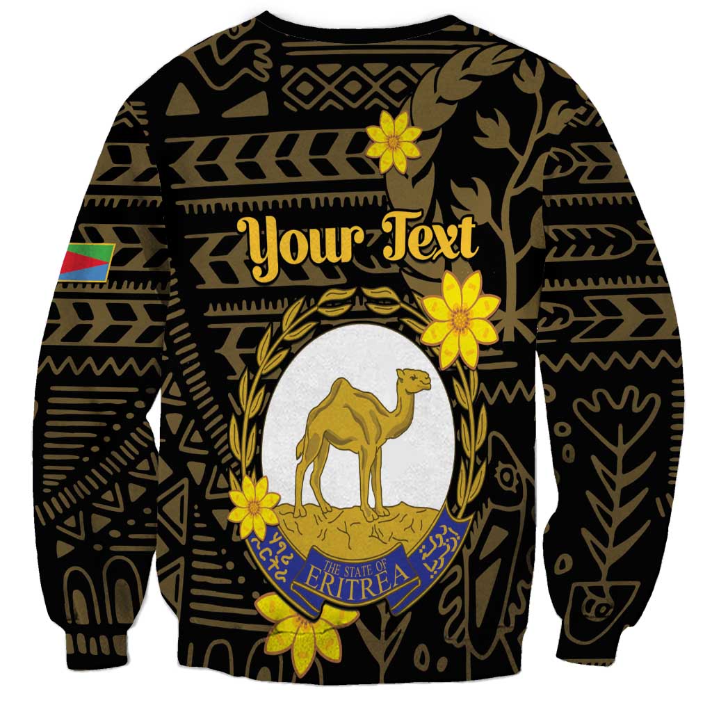 Black crewneck sweatshirt with gold camel emblem, flowers, and Your Text graphic