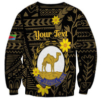 Black crewneck sweatshirt with gold camel emblem, flowers, and Your Text graphic