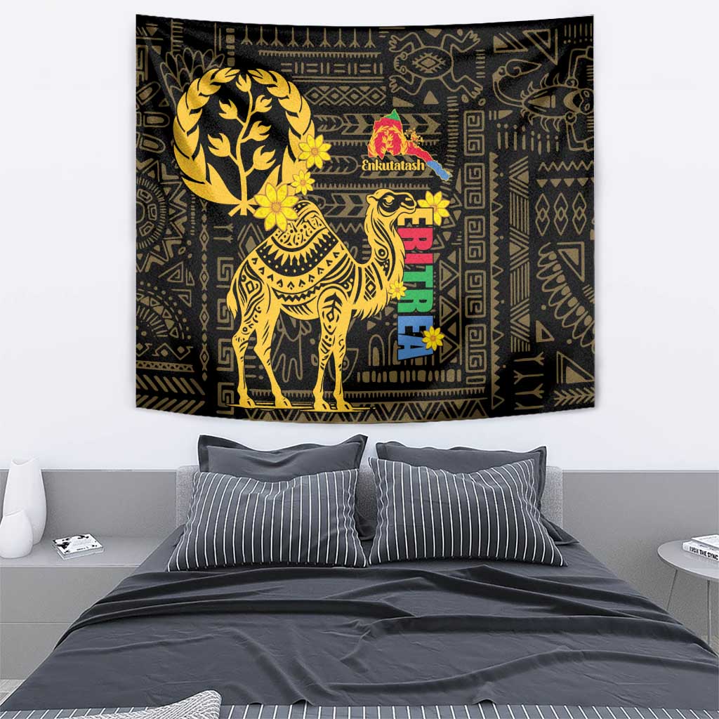 Black wall hanging with gold camel, floral motifs, and a colorful vertical text panel