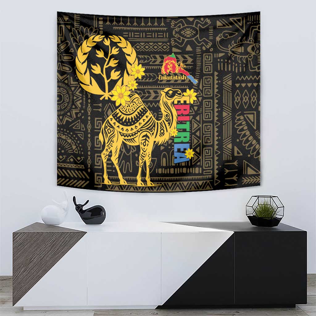 Black rectangular tapestry with gold camel holding flowers and decorative border trim