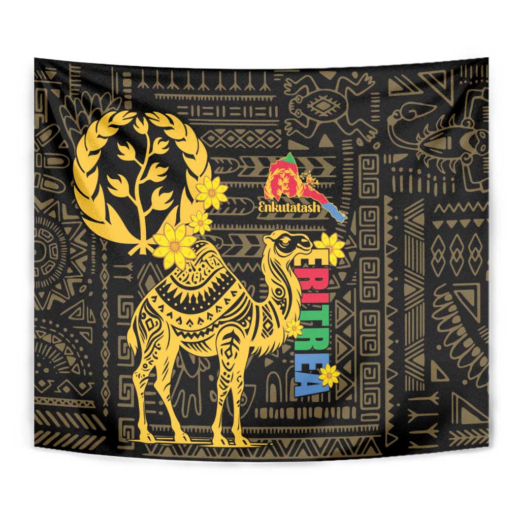 Black tapestry with gold camel and tree, colorful central vertical lettering, fringed edge