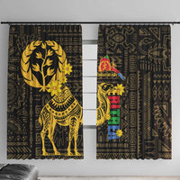 Black window curtain set with gold camel and floral pattern, bold geometric motifs