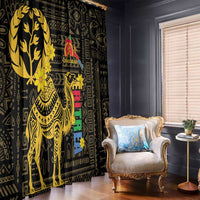 Black curtain panels with gold camel artwork and colorful vertical banner design
