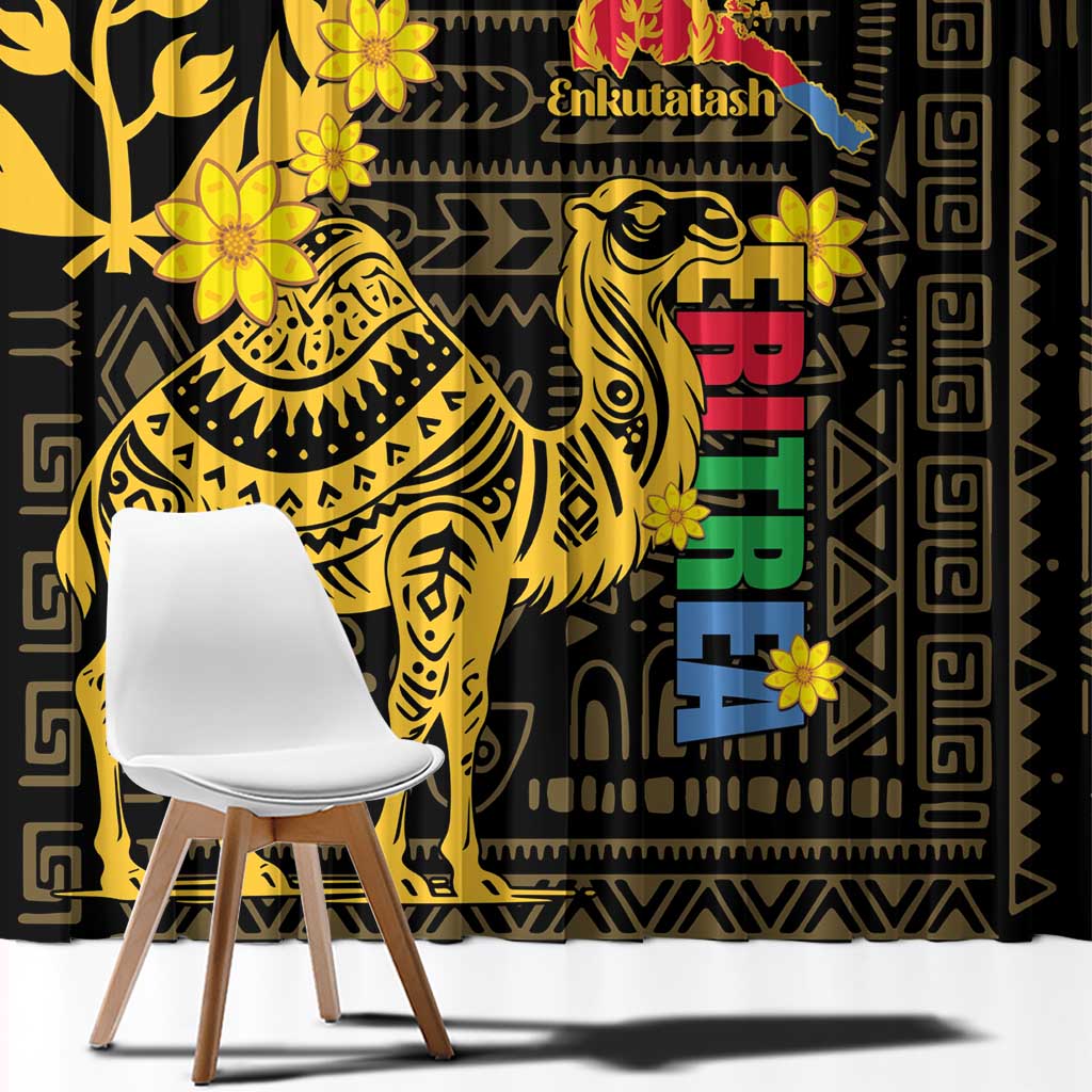 Black curtain panel with gold camel, flowers, and colorful vertical Eritrean-inspired motif