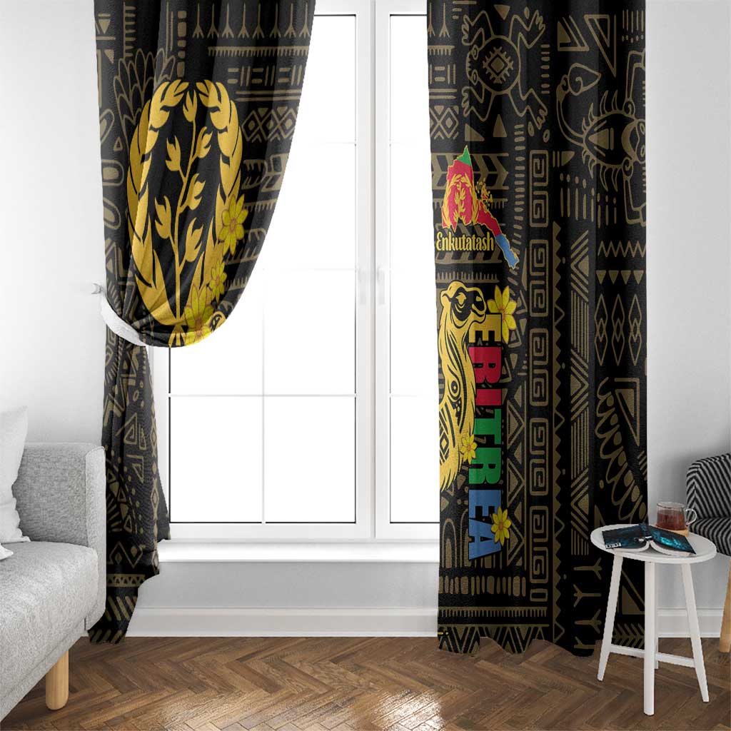 Black curtain with gold camel motif and colorful vertical banner panel for windows