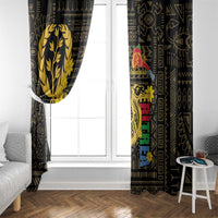 Black curtain with gold camel motif and colorful vertical banner panel for windows