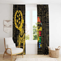 Black curtain panels with gold camel motif and colorful vertical figurine graphic
