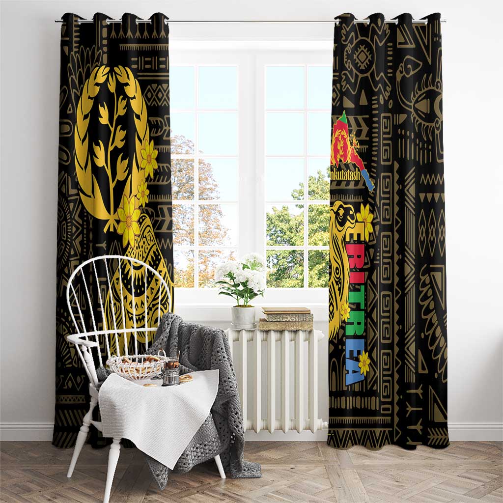 Black window curtains with gold camel pattern and colorful vertical banner motif