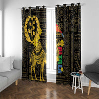 Black window curtain pair with gold camel panel and colorful vertical Eritrean figure