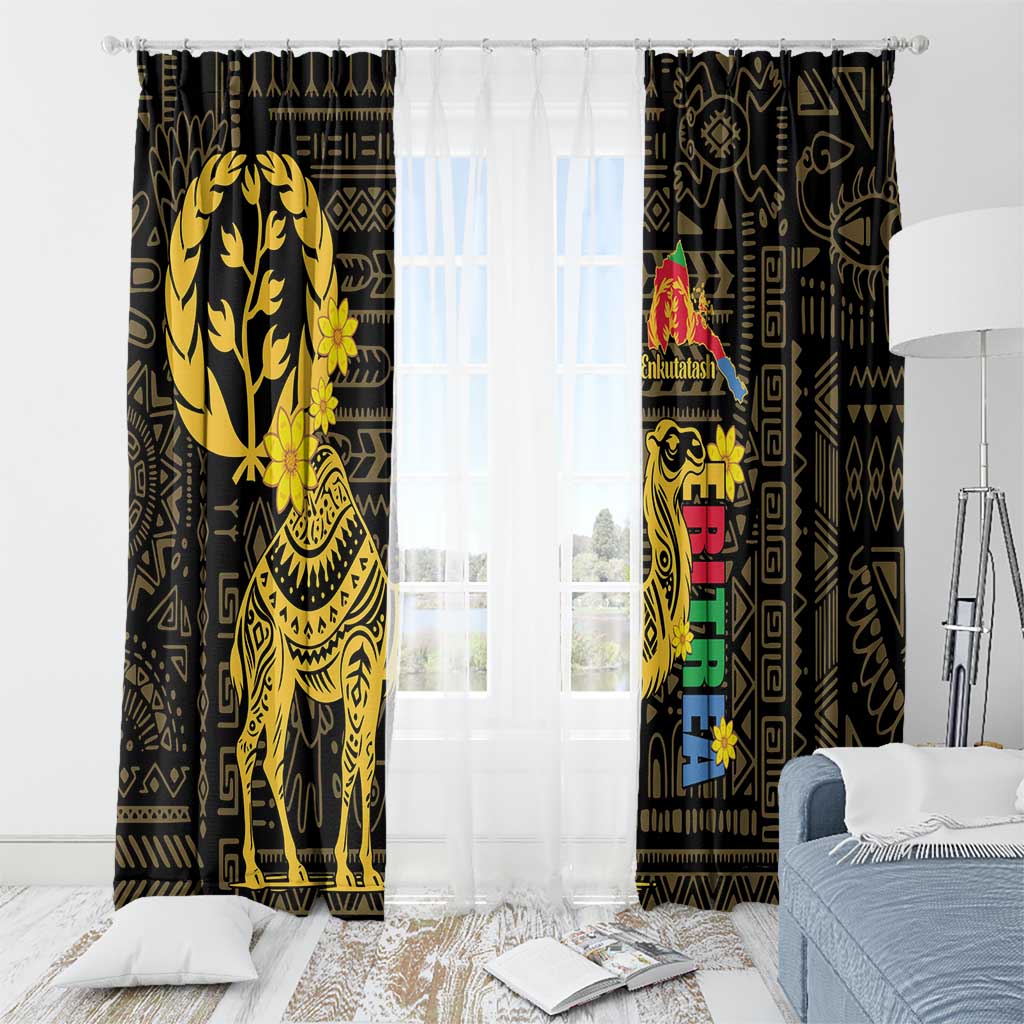 Black window curtain pair with gold camel panels and colorful vertical banner detail